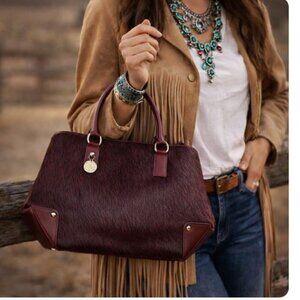 LAMARTHE Paris Structured Calf Hair Satchel Rich Burgundy / Wine Tone